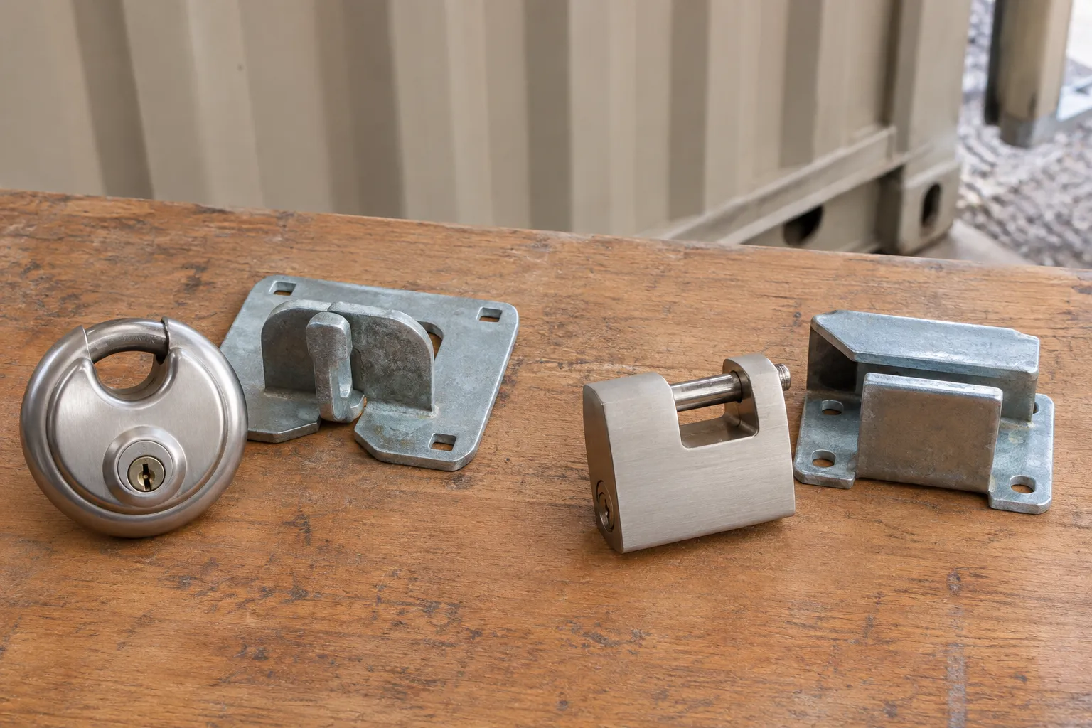 Shipping container puck lock and shrouded padlock beside their different compatible hasps