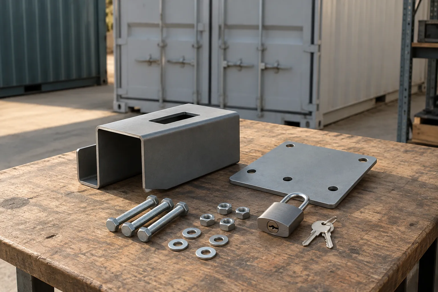 Container lock box installation components with backing plate, fasteners, padlock and spare keys