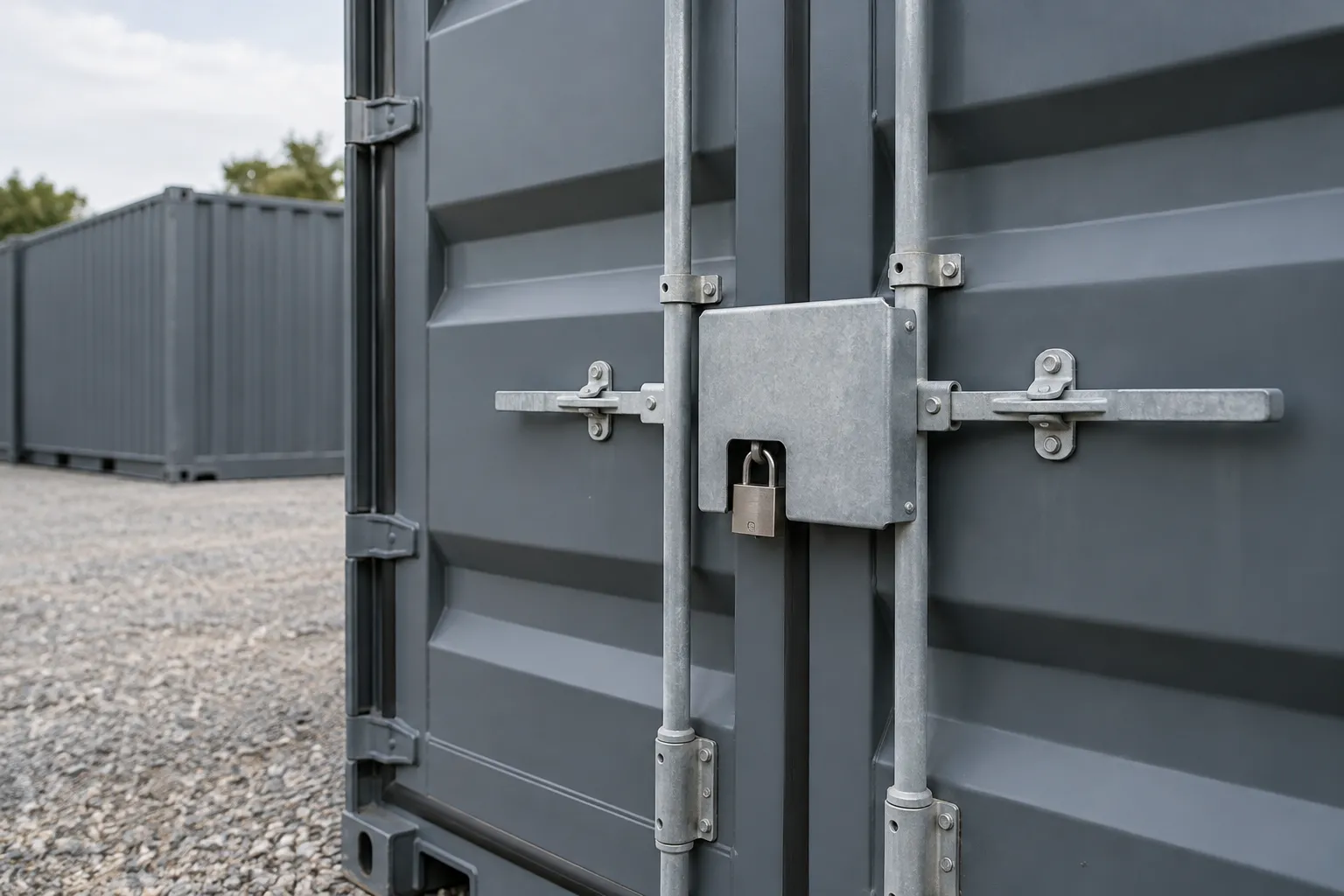 Shipping container lock box and padlock fitted beside gray cargo door locking rods