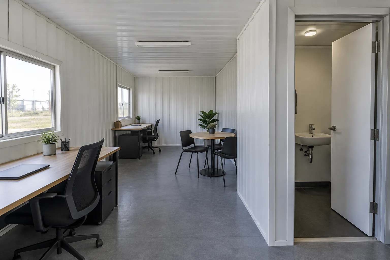 Container office with restroom partition showing desk space and a clear circulation aisle
