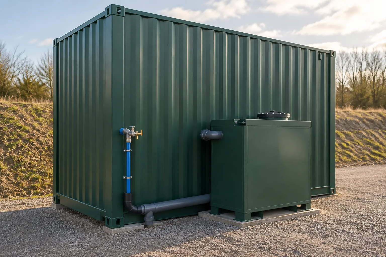 Self contained construction site office plumbing connections and accessible external waste holding tank