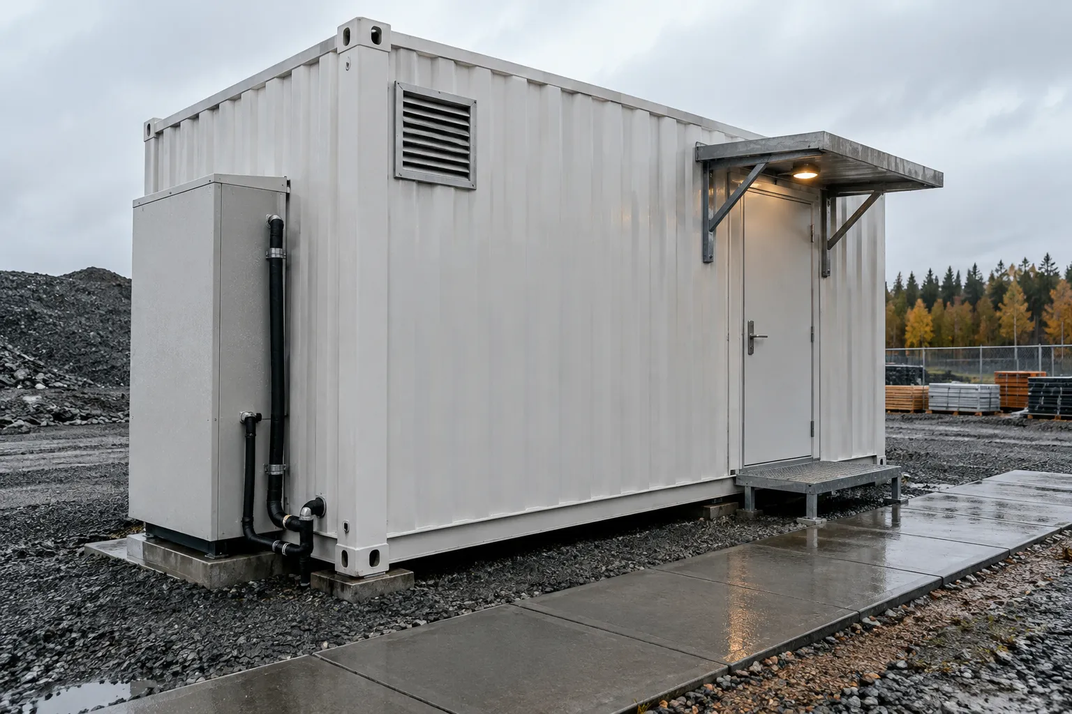 Jobsite container restroom with protected plumbing and a drained outdoor access route