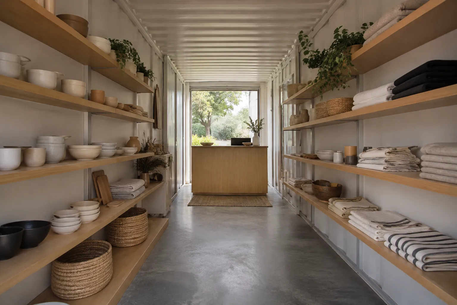 20ft container retail shop interior with shallow displays and a clear central aisle
