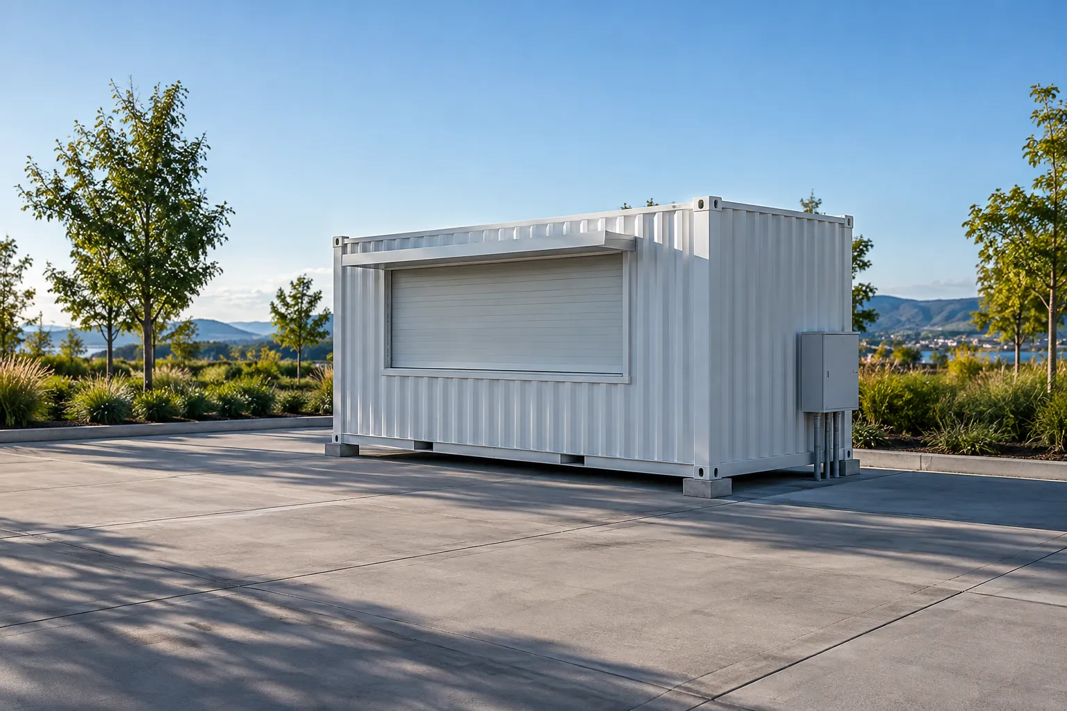 Container retail kiosk site with clear access, prepared supports, and exterior utility connections