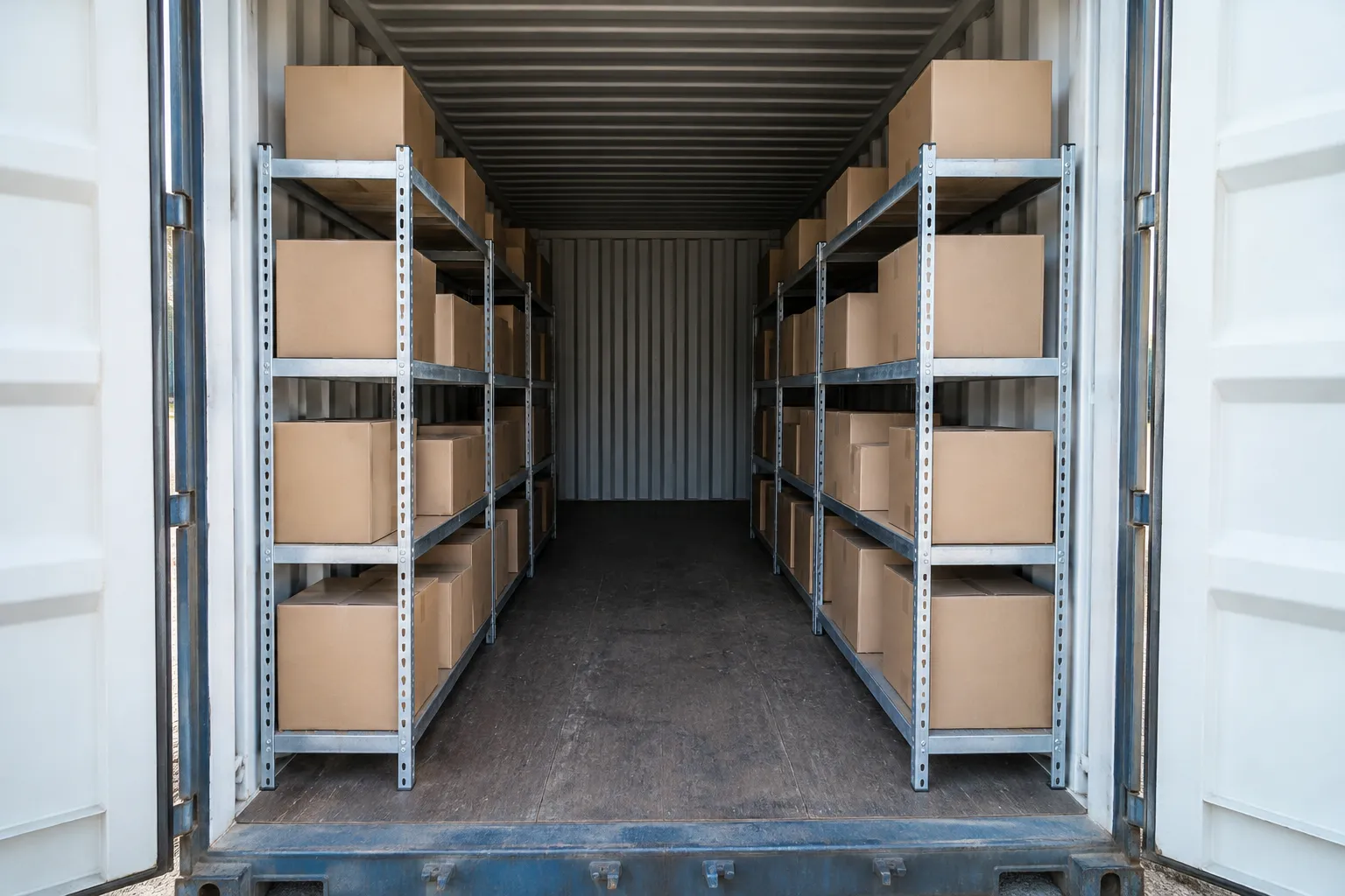 Container storage shelves and central aisle illustrate usable floor space for purchase comparisons