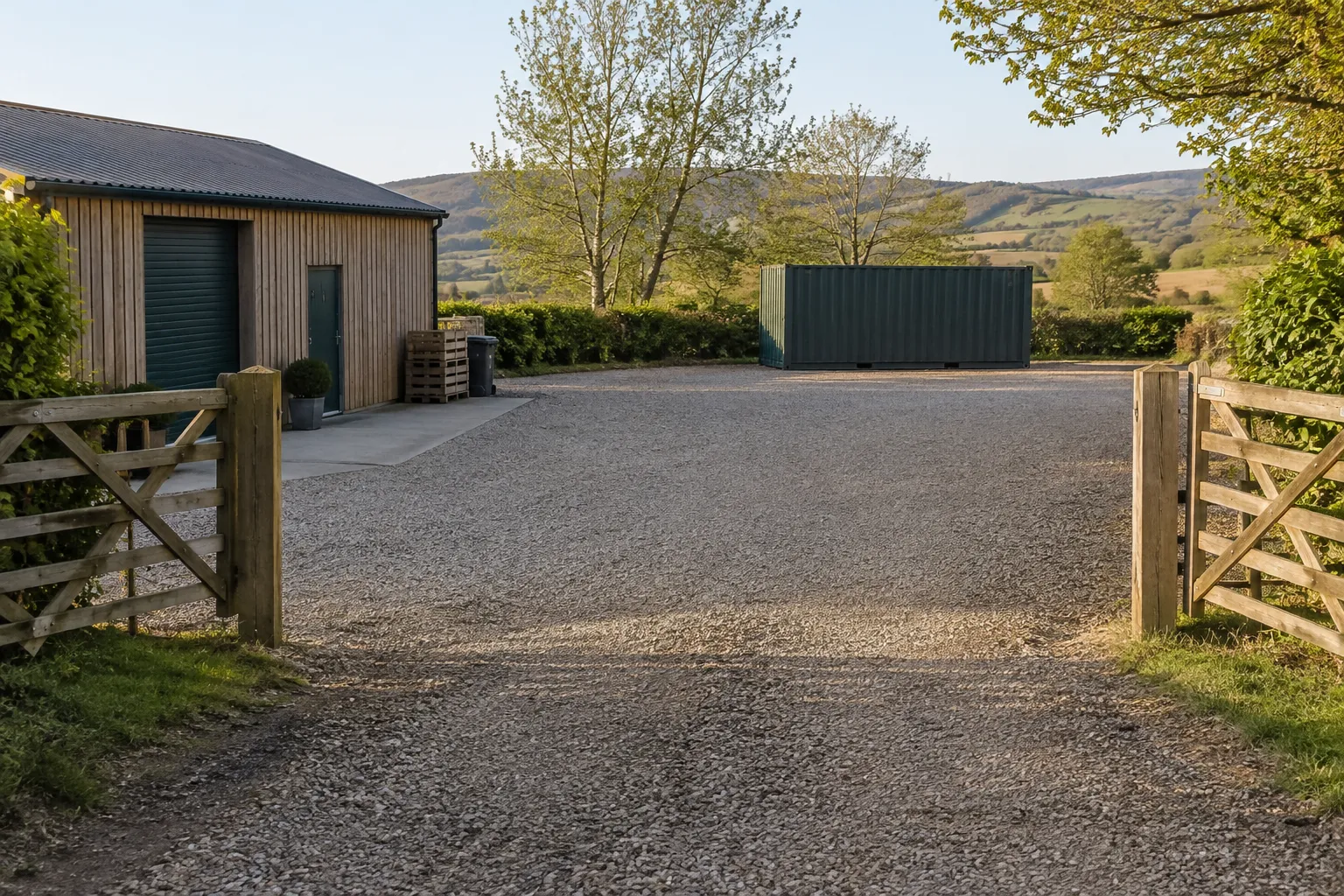 Clear driveway and prepared placement area support a shipping container quote by ZIP code