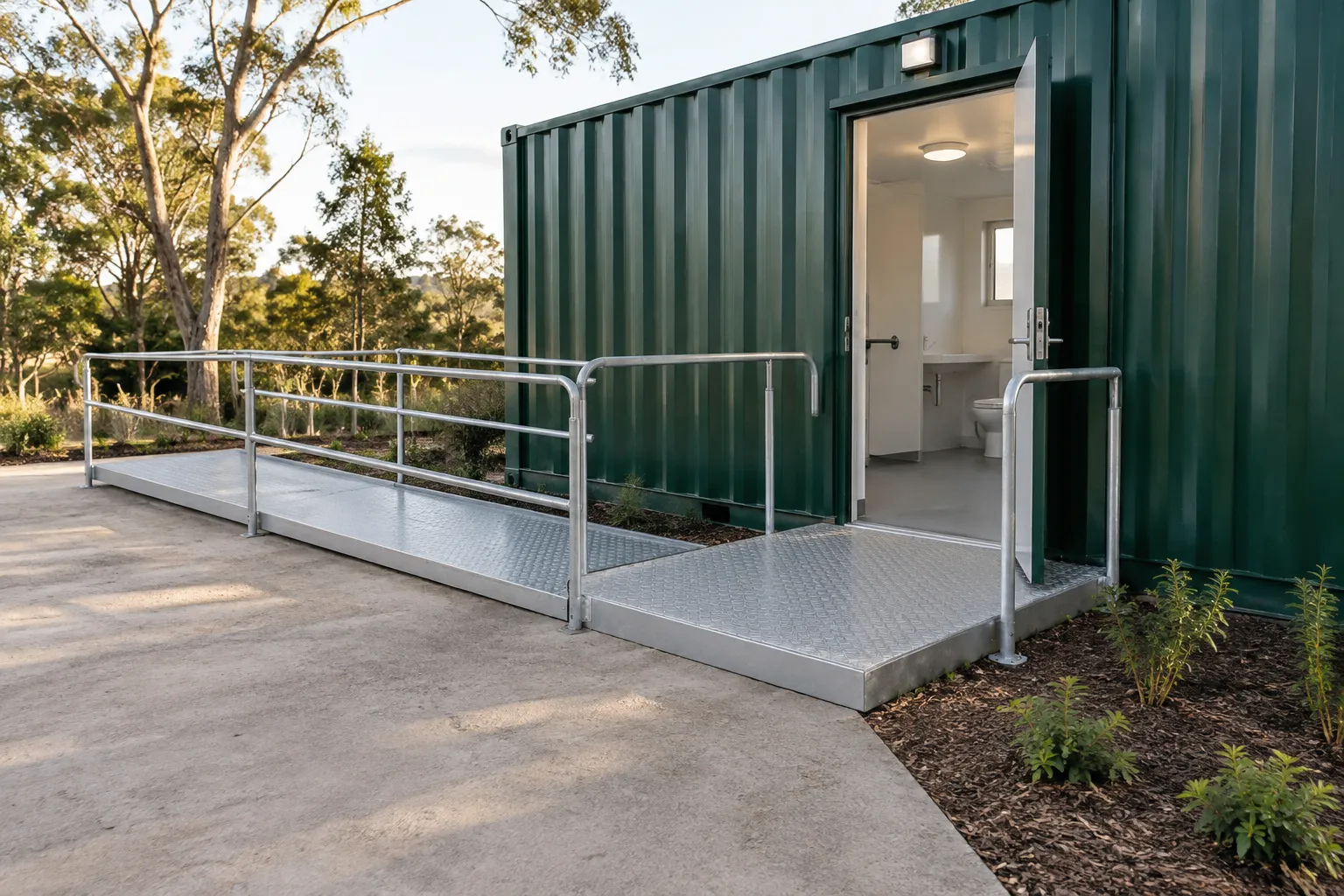 Accessible container restroom entrance with exterior ramp, handrails and level landing