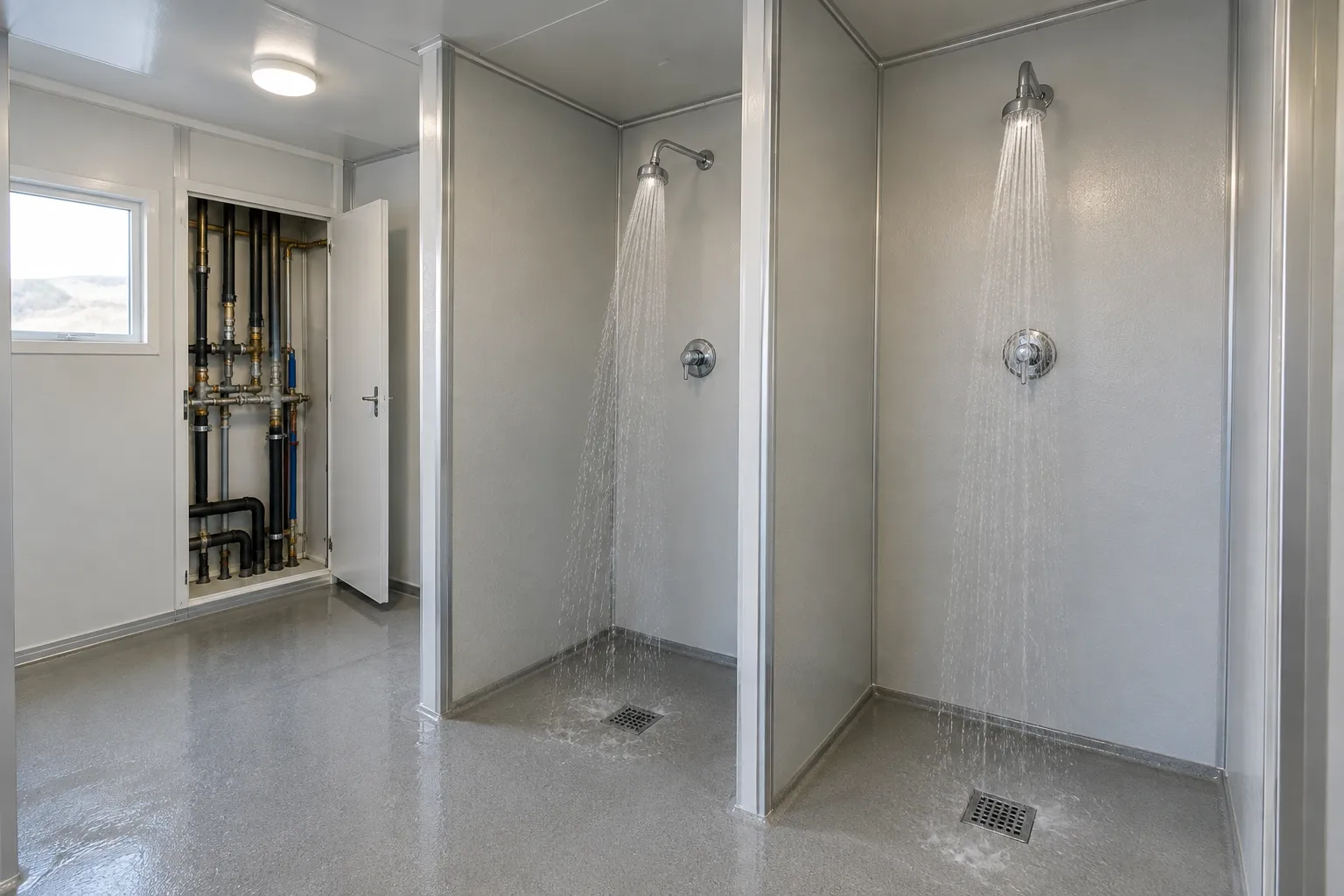 Container shower block undergoing simultaneous shower operation and floor drainage checks