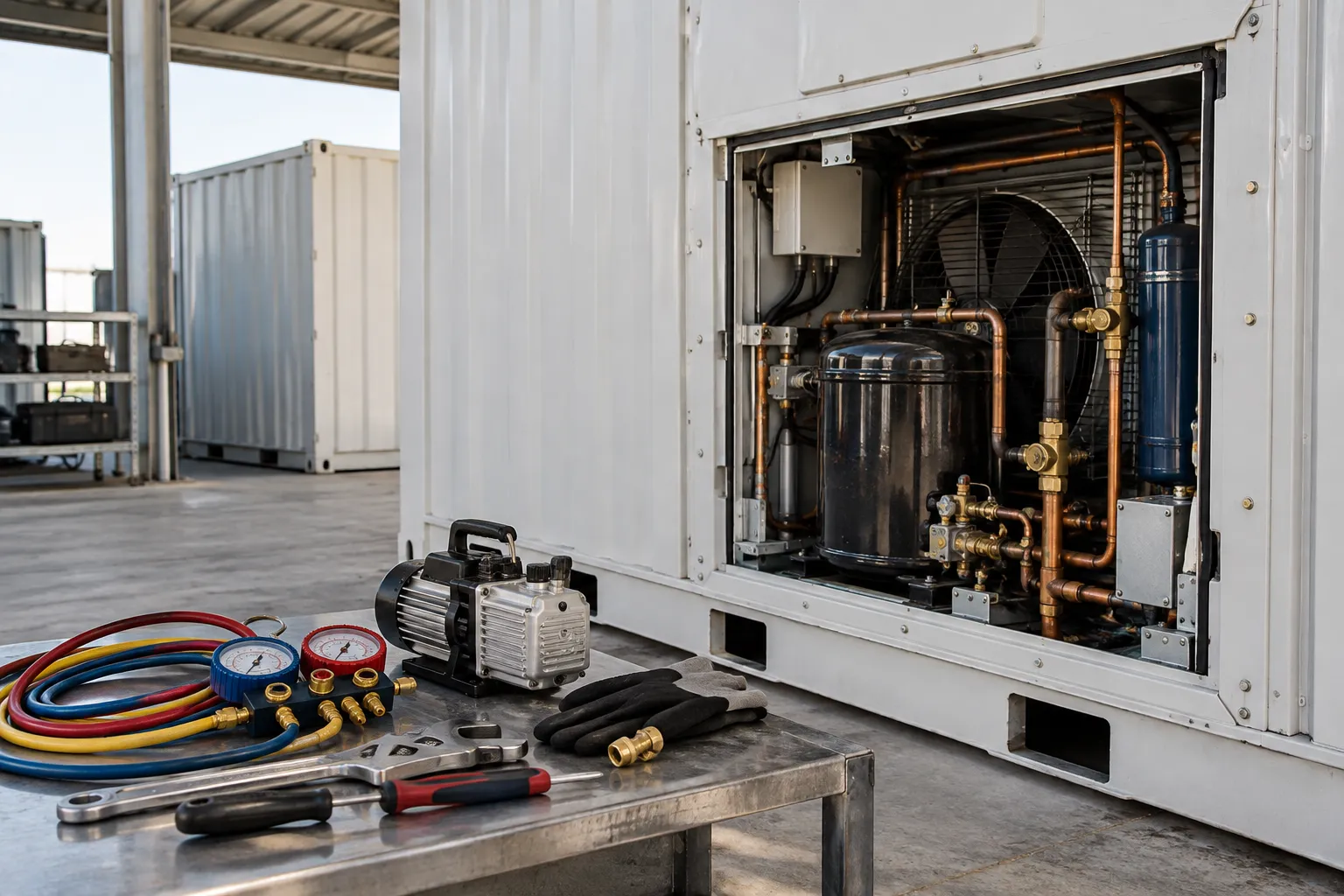 Open reefer service compartment reveals components requiring professional review before a refrigerant retrofit