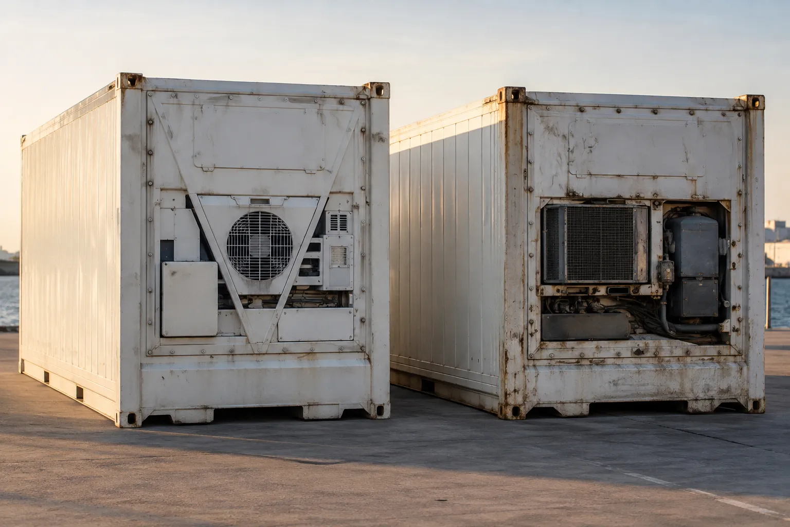 Two used refrigerated containers illustrate equipment condition differences affecting used reefer repair costs