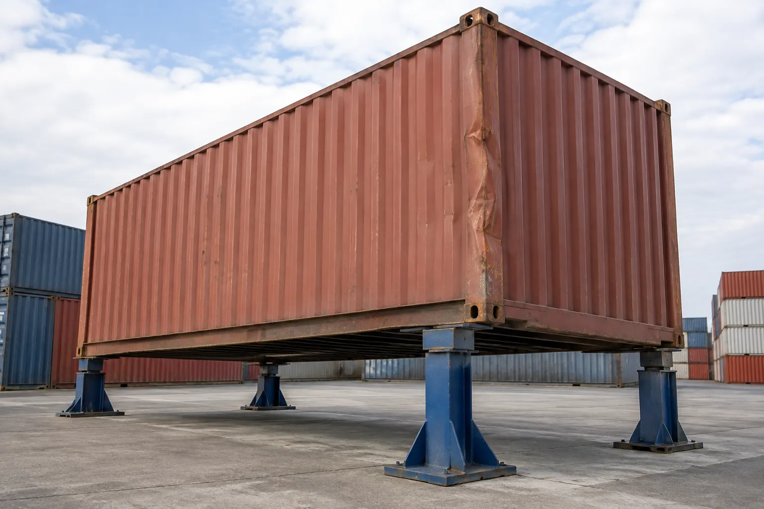 Shipping container underframe and dented corner post visible from outside a supported inspection position.
