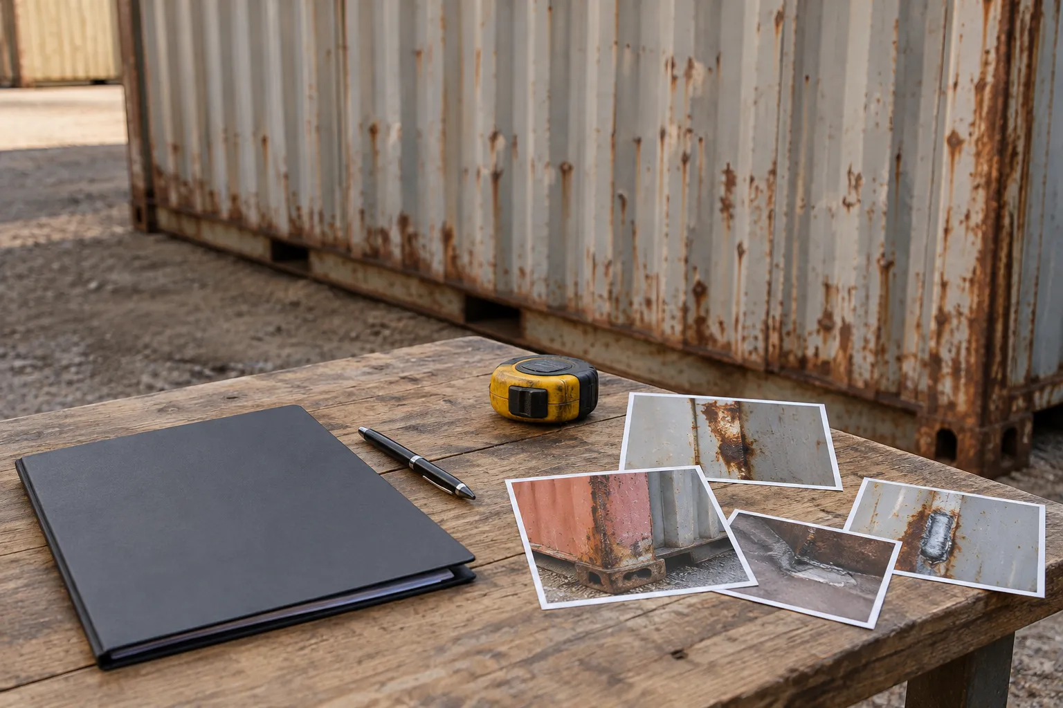 Shipping container repair photographs, document folder and measuring tape arranged on a depot table.